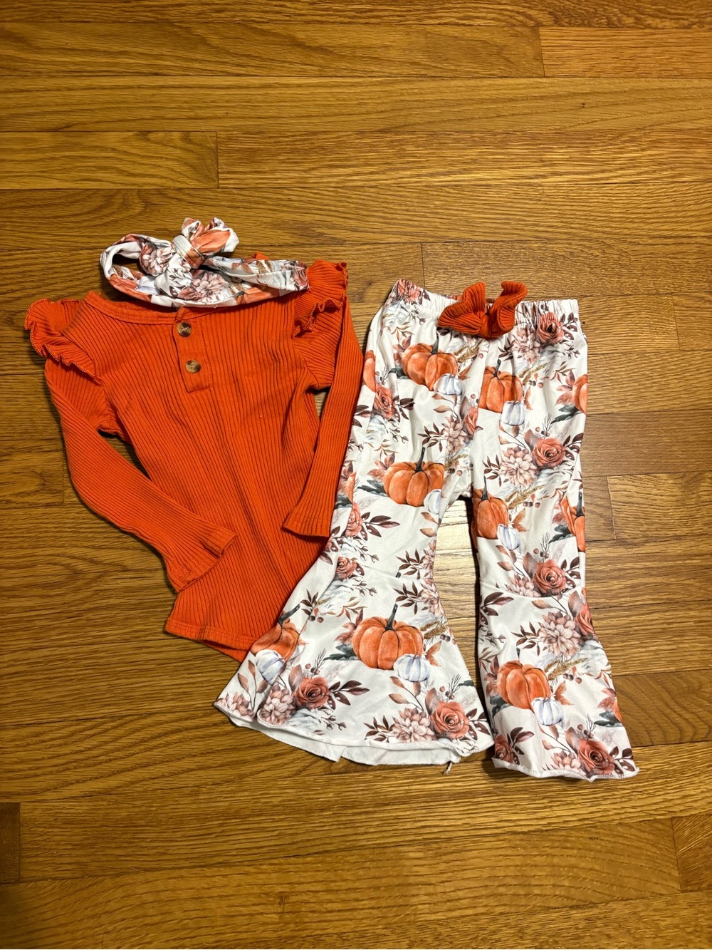 Girls Orange Ribbed Top & Pumpkin Floral Bell-Bottom Set with Headband